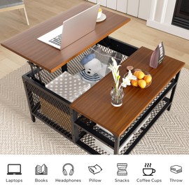 Lift Top Coffee Table with Storage for Living Room, Retro Industrial Square Center Table with Iron Mesh Doors & Open Shelf, Convertible Coffee Desk with Wooden Tabletop, 31.5'' Small Lift-Up Table