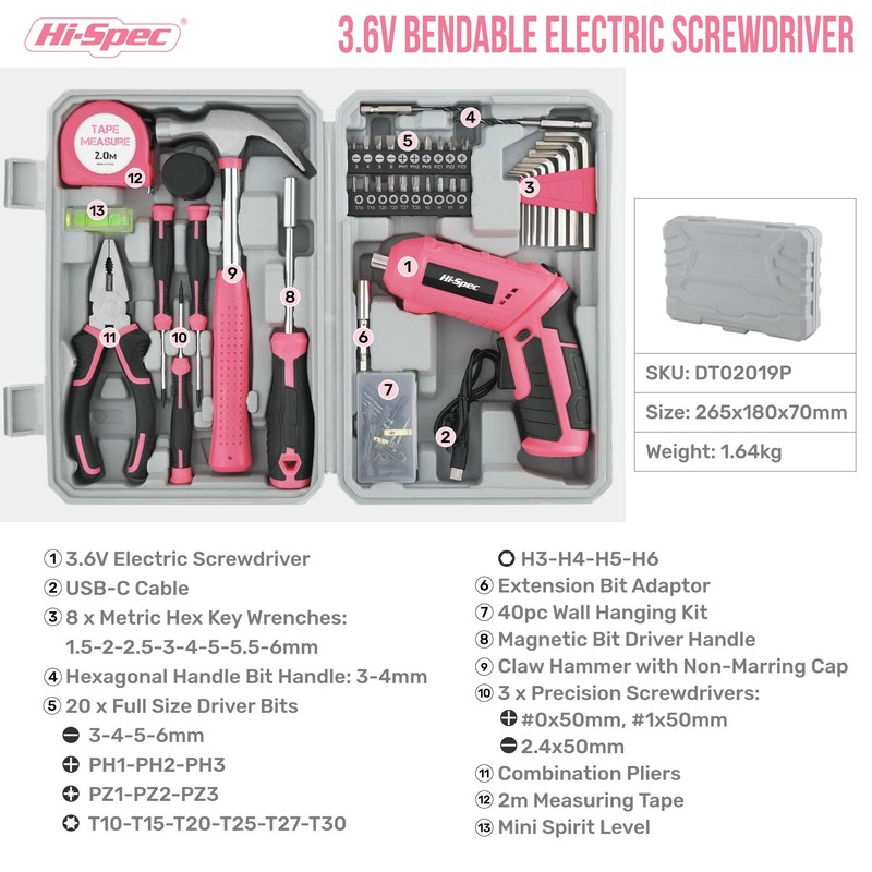 Hi-Spec 42pc Pink 4V USB Electric Power Driver & Household