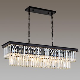 HCCZ Black Crystal Chandelier for Dining Room Light Fixture Rectangle Modern Farmhouse Chandelier Contemporary Pendant for Kitchen Island Living Room Long Chandelier Rectangular Lighting