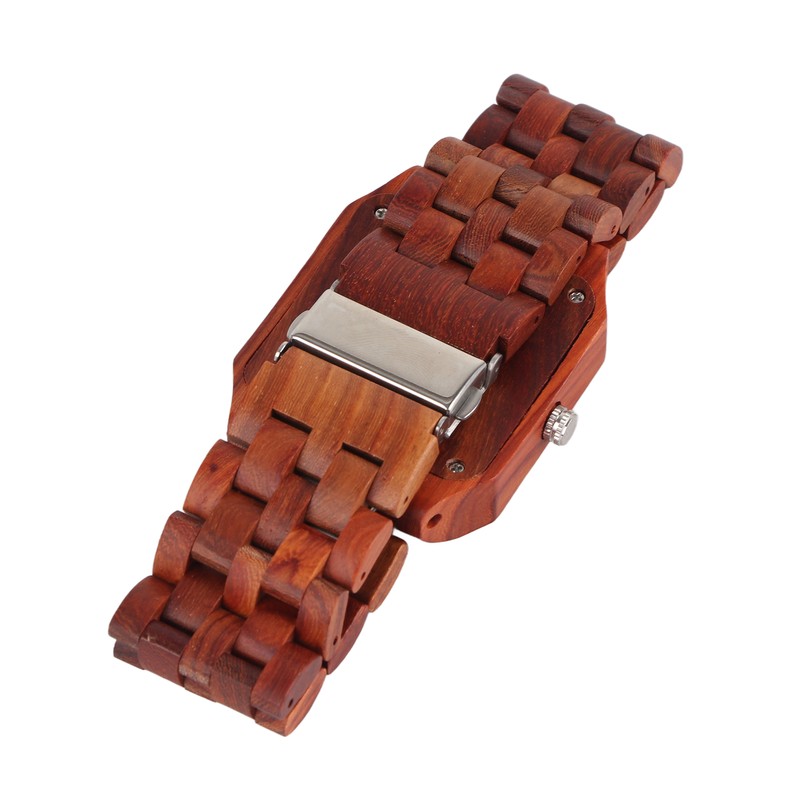 Geometric Dial Sandalwood Watch Calendar Quartz Movement Analog Wristwatch Red