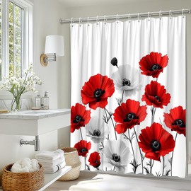 JEJOMEAG Red Floral Shower Curtain Rustic Flowers Spring Summer Botanical Country Farmhouse Plant Wildflower Fabric Bathroom Decor Curtain with Hooks, 70Wx70H