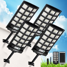 LANGY Solar Street Lights Outdoor Waterproof 4pcs, 6500K 60000LM Wide Angle Solar Powered Flood Lights with Motion Sensor & Remote Control, Dusk to Dawn Commercial Solar Outdoor Lights for Parking