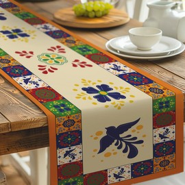 NBEADS Floral Bird Table Runner, 33x183cm Mexican Fiesta Table Runner Decoration Rustic Runner Day of The Dead Decor and Supplies for Kitchen Dining Home Table Decoration