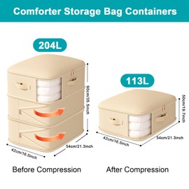 Dranup Comforter Storage Bag - Large Capacity Blanket Storage Bags 3-Layer Ultra Space Saving Self Compression Organizer, Washable Compression Bags for Storage Comforter Blanket, 1-Pack, Beige