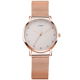 Alienwork SK Women’s Minimalist Watch with Ultra Flat Mesh Strap, Rose gold/white