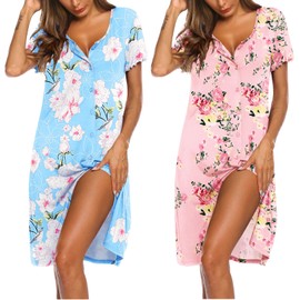 Ekouaer Nightgowns for Women 2 Pack Night Shirts Short Sleeve Sleepwear Soft Sleep Dress Printed Nightdress