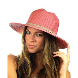 NYFASHION101 Teardrop Dent Braided Trim Casual Panama Fedora Sun Hat, Coral