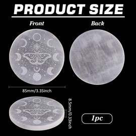 FINGERINSPIRE Selenite Crystal Charging Plate for Crystals and Healing Stones, 85x8.5mm Round Gypsum Crystal Plate with Moth & Moon Phase for Home Office & Energy Cleansing & Table Decor