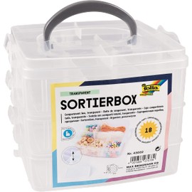 folia 43002 - Sorting Box, Made of Transparent Plastic with Carry Handle and 18 Variable Compartments on 3 Levels, Approx. 15 x 15 x 12.5 cm, for Small Craft Materials, Buttons, Beads, Jewellery and