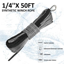 ZESUPER 1/4''x 50ft 10000LBs Synthetic Winch Rope Winch Rope Cable for SUV ATV UTV Vehicle Boat Car (Gray)