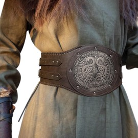 HiiFeuer Viking Embossed Double Dragon Waist Armor, Vintage Norse Faux Leather Wide Belt, Medieval Mercenary Corset Belt (Brown A)