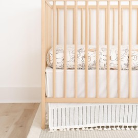 Crane Baby Boho Cotton Baby Crib Skirt with Fringe, White Bed Skirt Fits Standard Cribs, Skirting 28” X 52” X 8”, Off White Neutral Crib Skirts for Nursery