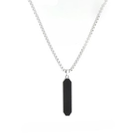 WASAIE Black Agate Pendant Necklace for Mens, Silver Tag White Gold Plated Stainless Steel Necklace Rectangle Long Pendant Womens Necklaces Chain 27inch