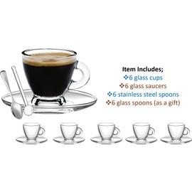 BOHEM'S Espresso Cups, 3.2 oz Small Demitasse Clear Glass Espresso Drinkware, Set Of Cups, Saucers and Stainless Steel mini Spoons + Free Glass Spoons (Set of 6)