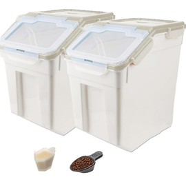 YXQ 50LB Large Flour Storage Container Bin,2 Pack Airtight Plastic with Wheels Seal Locking Lid Dispenser Organizer Bin with Measuring Cup & Scoop for Flour, Rice, Grain 100LBS Total Capacity(Grey)