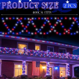Kittmip 2 Packs 13ft 4th of July Decorations Solar Outdoor Lights Red White and Blue Solar LED String Light 26ft 276 LED 8 Modes 250th Anniversary Patriotic Memorial Day Outside Yard Decorations