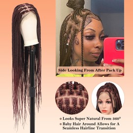 Brinbea 360° HD Full Lace Braided Wigs for Women Knotless Braided Wigs Box Braid Wig with Baby Hair Burgundy Human Hair Blended Braided Lace Front Wigs 36 inch
