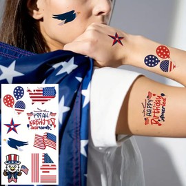 4th of July Temporary Tattoo Stickers 10 Sheets Patriotic American Flag Design Independence Day Party Decorations Red White and Blue Fourth of July Fake Tattoos Cartoon Face Tattoos Decals