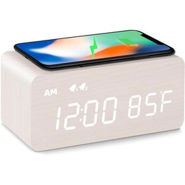 Digital Wooden Alarm Clock with Wireless Charging, 0-100% Dimmer, Dual Alarm, Weekday/Weekend Mode, Snooze, Wood LED Clocks for Bedroom, Bedside, Desk, Kids - Colour: White