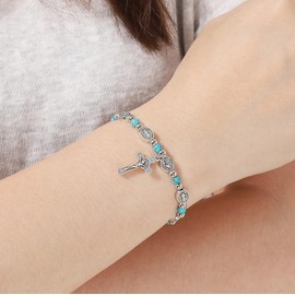 MILAKOO Virgin Mary Medal and Turquoise Stone Beaded Bracelet for Unisex Cross Pendant Charms Stretch Bracelet
