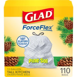 Glad ForceFlex Tall Kitchen Drawstring Trash Bags, 13 Gallon, Pine-Sol Original Scent, 110 Count