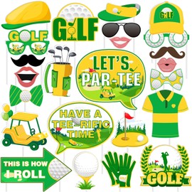 Cheereveal 24Pcs Golf Theme Photo Booth Props Yellow Green - Let's Par-Tee Party Signs with Wooden Sticks, This is How I Roll Birthday Party Baby Shower Ceremony Decorations