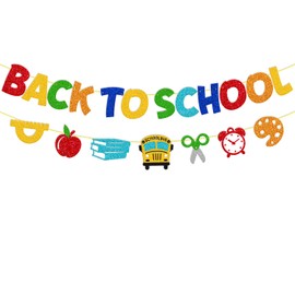Back to School Banner Welcome to School Party Decorations for Teacher Apple Ruler School Bus Scissors Alarm Clock Drawing Board Sign First Day of School Party Supplies