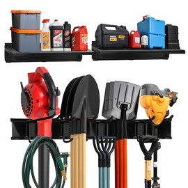 TIDYME Heavy-Duty Garage Wall Storage System | Wall Mounted Tool Organizer Rack with Shelving | 10-Piece Mounting Kit | Includes 4x10” Double-Layered Hooks & 2x16.5” Floating Utility Shelves