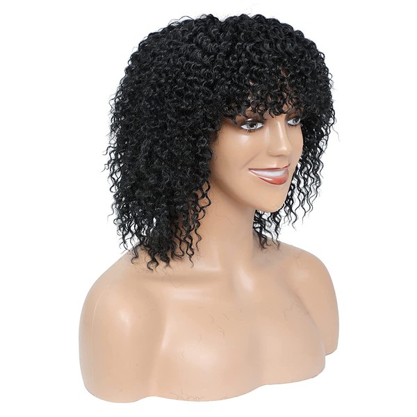 wigschefutiao-zc-2x (1B-1) Afro Crazy Curly Wigs for Black Women High-Quality Synthetic Hair Wigs with Fringe Density Elastic and Fully Natural Look Hair Replacement Wigs