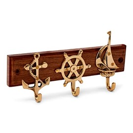 NKlaus Maritime Key Holder Brass on Wood Anchor, Steering Wheel, Boat Key Holder 11607