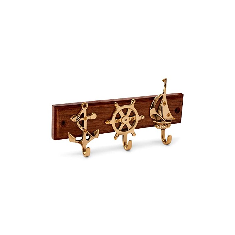 NKlaus Maritime Key Holder Brass on Wood Anchor, Steering Wheel,