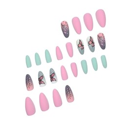 Flower Press On Nails Medium Almond Spring Fake Nails Pink Butterfly Floral Design False Nail French Tips Glossy Full Cover Acrylic Artificial Glue On Nails Reusable Stick On Nails For Women 24PCS