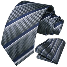 HISDERN Men's Tie Striped Wedding Tie & Pocket Square Set, Navy/grey