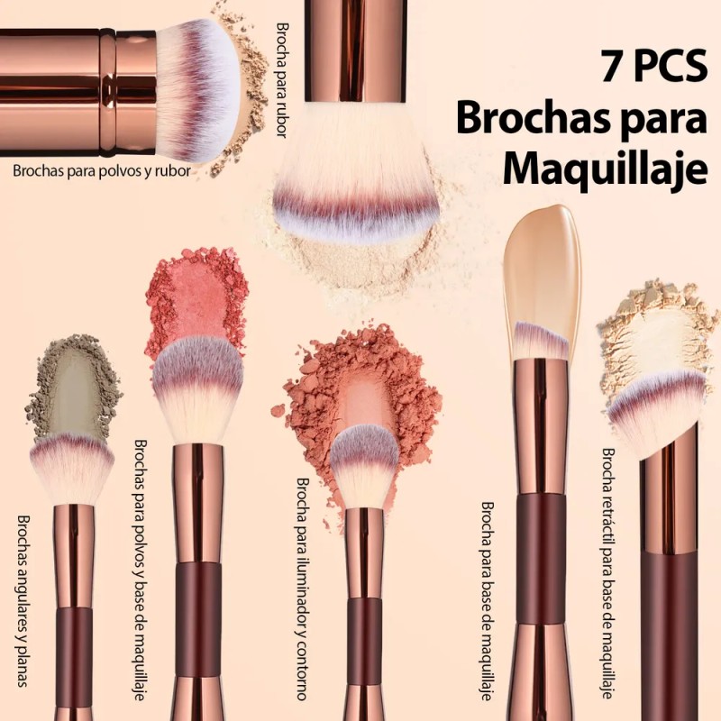Set 7 Brochas Maquillaje Profesional Alto Nivel Color Marrón