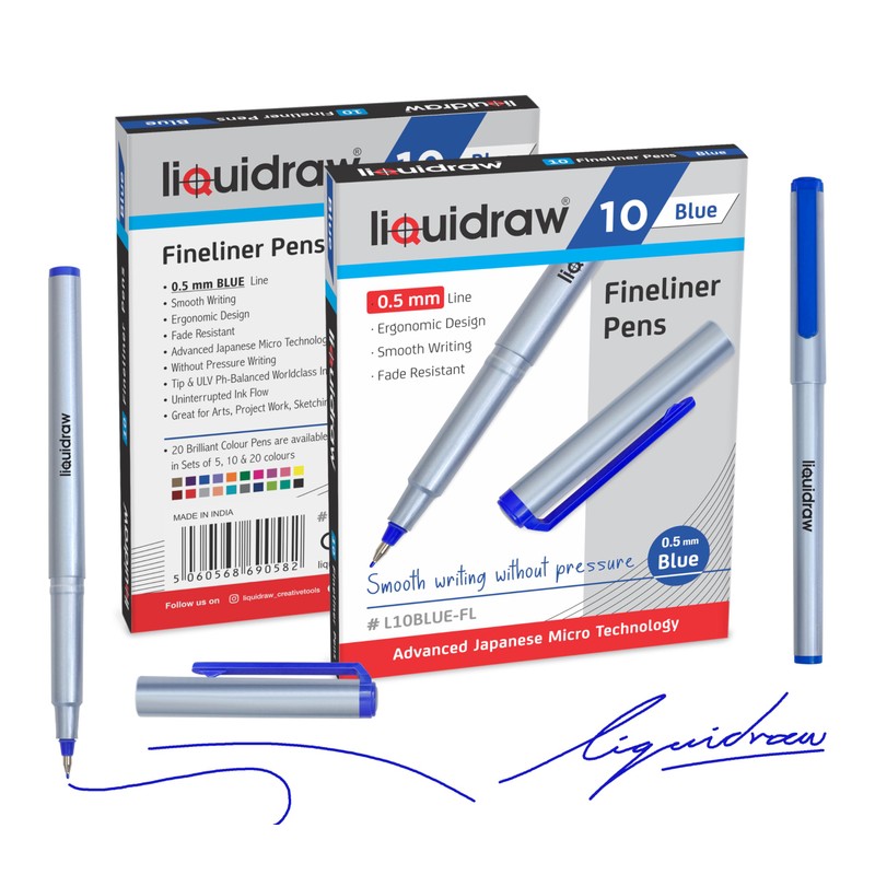 Liquidraw 10 Blue Fineliner Pens Set Fine Point Pens 0.5mm