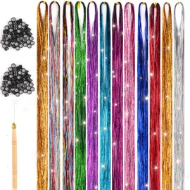 Hair Tinsel, 48 Inch Hair Tinsel with Tool, 12 Colours Glitter Hair Strands for Braiding Hair Tinsel, Sparkle Tinsel Hair Extensions for Women, Girls, Children, Cosplay, Party Accessories