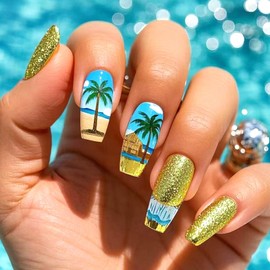 Summer Press on Nails Coffin Fake Nails Medium with Coconut Tree Beach Design Gold Glitter Glue on Nails Blue Medium Coffin Nails Press ons Glossy Acrylic Artificial Stick on Nails for Women 24Pcs