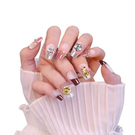 AVVA VISION 2 Packs Press On Nails Handmade Rhinestones Charms DIY Reusable Adhesive Tabs False Fake Nail, Set #02, Size M