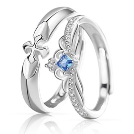 BYETOCE 2 Rings for Couple Rings Set Sterling Silver Matching Princess and Knight Promise Rings Blue Crystal Adjustable Romantic Couples Rings for His and Her Valentine's Day Gift