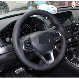 Eiseng DIY Black Genuine Leather Steering Wheel Cover Custom Fit for 2018 2019 2020 2021 Honda Accord / 2019-2021 Insight Stitch On Wrap Interior Accessories 15 inches (Black Thread)