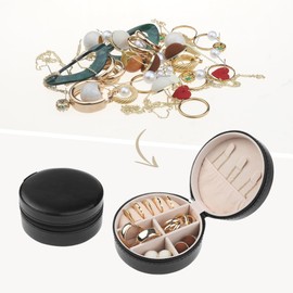 uxcell Travel Jewelry Box for Women Girls Birthday Gifts, Small Round Portable PU Leather Jewelry Organizer Case for Earring Necklace 10x10x5cm Black