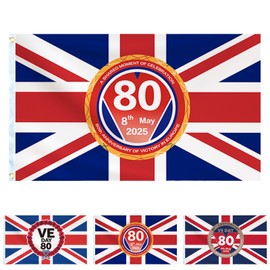 VE Day Flag 3x5ft UK Banner, UK Flags for 2025 VE Day 80th Anniversary Bunting Decorations 80 Years Victory In Europe RAF WW2 1945 Union Jack British Flag for Remembrance Day Garden Street Party