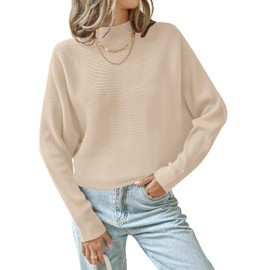 ZESICA Women's 2024 Fall Turtleneck Batwing Long Sleeve Ribbed Knit Casual Soft Pullover Sweater Jumper Top,Apricot,Medium