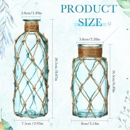 Chuangdi Set of 2 Coastal Glass Vases for Flowers Small Flower Vase with Boho Rope Wrapping Beach Decorative Bottle for Coastal Nautical Table Centerpiece Wedding Floral Arrangement Decor(Light Blue)