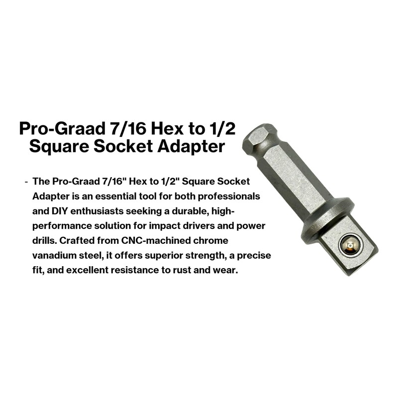 Pro-Graad 7/16 Hex to 1/2 Square Socket Adapter Drive Converter,