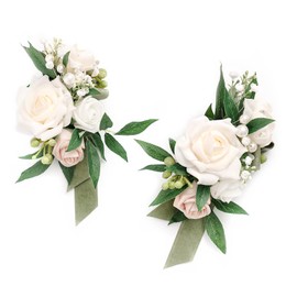 Ling's Moment 2pcs Homecoming Wedding Shoulder Corsage Artificial Flowers, Girl/Mother Prom Corsages Wristlet Décor, etc. White Ivory Greenery