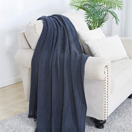BOURINA Textured Solid Soft Sofa Throw Couch Cover Knitted Decorative Blanket,Navy, 127x228cm