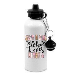 Pastel pinks/orange text with black text and hearts, just a girl who loves netball water bottle with clip, drinks bottle, drinks cup, water, hydrate, water, ball sports