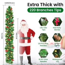 Christmas Garland with Lights, 50 LEDs 9FT Prelit Garland Battery Operated Outdoor Indoor Christmas Decorations Lighted Garland for Stairs Railing Fireplace Mantle Front Door Home Holiday Decor