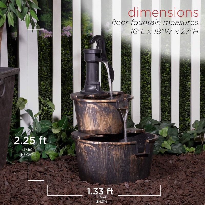 Alpine Corporation TIZ194BZ | Rustic Outdoor 2-Tier Barrel Pump Water